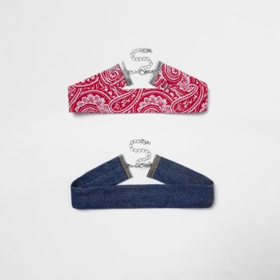 Blue denim and red paisley choker pack